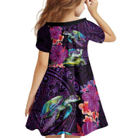Hawaiian Plumeria and Hibiscus with Turtles Family Matching Short Sleeve Bodycon Dress and Hawaiian Shirt Polynesian Art Purple Color - Polynesian Pride