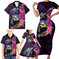 Hawaiian Plumeria and Hibiscus with Turtles Family Matching Short Sleeve Bodycon Dress and Hawaiian Shirt Polynesian Art Purple Color - Polynesian Pride