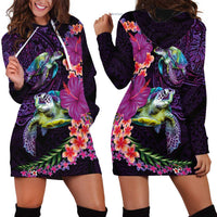Hawaiian Plumeria and Hibiscus with Turtles Hoodie Dress Polynesian Art Purple Color - Polynesian Pride