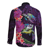 Hawaiian Plumeria and Hibiscus with Turtles Long Sleeve Button Shirt Polynesian Art Purple Color - Polynesian Pride