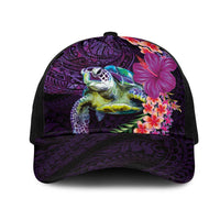 Hawaiian Plumeria and Hibiscus with Turtles Mesh Trucker Cap Polynesian Art Purple Color LT03 One Size Black Purple - Polynesian Pride