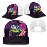 Hawaiian Plumeria and Hibiscus with Turtles Mesh Trucker Cap Polynesian Art Purple Color LT03 - Polynesian Pride