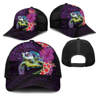Hawaiian Plumeria and Hibiscus with Turtles Mesh Trucker Cap Polynesian Art Purple Color LT03 - Polynesian Pride