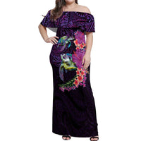 Hawaiian Plumeria and Hibiscus with Turtles Off Shoulder Maxi Dress Polynesian Art Purple Color - Polynesian Pride