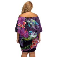 Hawaiian Plumeria and Hibiscus with Turtles Off Shoulder Short Dress Polynesian Art Purple Color - Polynesian Pride