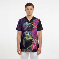 Hawaiian Plumeria and Hibiscus with Turtles Scrub Top Polynesian Art Purple Color - Polynesian Pride