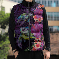 Hawaiian Plumeria and Hibiscus with Turtles Sleeveless Puffer Jacket Polynesian Art Purple Color - Polynesian Pride