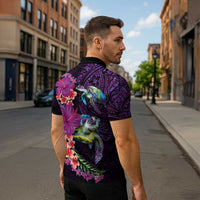 Hawaiian Plumeria and Hibiscus with Turtles Zipper Polo Shirt Polynesian Art Purple Color - Polynesian Pride