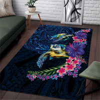 Hawaiian Plumeria and Hibiscus with Turtles Area Rug Polynesian Art Dark Cyan Color - Polynesian Pride
