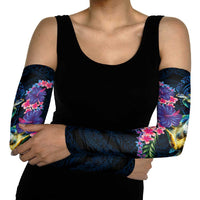 Hawaiian Plumeria and Hibiscus with Turtles Arm Sleeves Polynesian Art Dark Cyan Color - Polynesian Pride