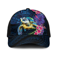 Hawaiian Plumeria and Hibiscus with Turtles Baseball Net Cap Polynesian Art Dark Cyan Color LT03 One Size Black Dark Cyan - Polynesian Pride