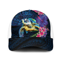 Hawaiian Plumeria and Hibiscus with Turtles Baseball Net Cap Polynesian Art Dark Cyan Color LT03 One Size White Dark Cyan - Polynesian Pride