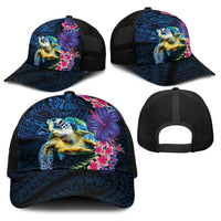 Hawaiian Plumeria and Hibiscus with Turtles Baseball Net Cap Polynesian Art Dark Cyan Color LT03 - Polynesian Pride