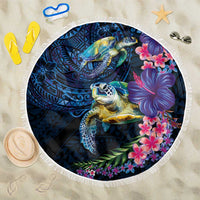 Hawaiian Plumeria and Hibiscus with Turtles Beach Blanket Polynesian Art Dark Cyan Color LT03 One Size 150cm Dark Cyan - Polynesian Pride