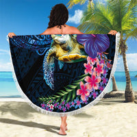 Hawaiian Plumeria and Hibiscus with Turtles Beach Blanket Polynesian Art Dark Cyan Color LT03 - Polynesian Pride