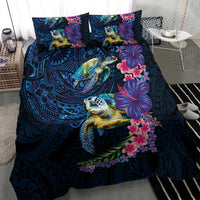 Hawaiian Plumeria and Hibiscus with Turtles Bedding Set Polynesian Art Dark Cyan Color - Polynesian Pride