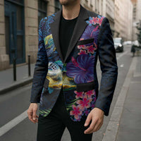 Hawaiian Plumeria and Hibiscus with Turtles Blazer Polynesian Art Dark Cyan Color - Polynesian Pride