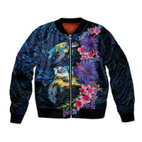 Hawaiian Plumeria and Hibiscus with Turtles Bomber Jacket Polynesian Art Dark Cyan Color - Polynesian Pride