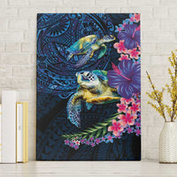 Hawaiian Plumeria and Hibiscus with Turtles Canvas Wall Art Polynesian Art Dark Cyan Color - Polynesian Pride