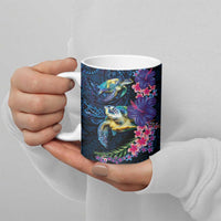 Hawaiian Plumeria and Hibiscus with Turtles Ceramic Mug Polynesian Art Dark Cyan Color - Polynesian Pride