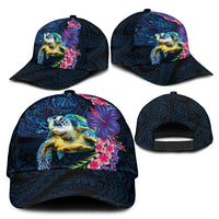 Hawaiian Plumeria and Hibiscus with Turtles Classic Cap Polynesian Art Dark Cyan Color LT03 - Polynesian Pride
