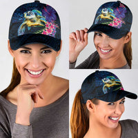 Hawaiian Plumeria and Hibiscus with Turtles Classic Cap Polynesian Art Dark Cyan Color LT03 - Polynesian Pride