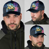 Hawaiian Plumeria and Hibiscus with Turtles Classic Cap Polynesian Art Dark Cyan Color LT03 - Polynesian Pride