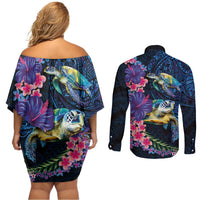 Hawaiian Plumeria and Hibiscus with Turtles Couples Matching Off Shoulder Short Dress and Long Sleeve Button Shirt Polynesian Art Dark Cyan Color - Polynesian Pride