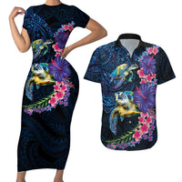 Hawaiian Plumeria and Hibiscus with Turtles Couples Matching Short Sleeve Bodycon Dress and Hawaiian Shirt Polynesian Art Dark Cyan Color - Polynesian Pride