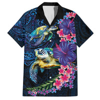 Hawaiian Plumeria and Hibiscus with Turtles Family Matching Short Sleeve Bodycon Dress and Hawaiian Shirt Polynesian Art Dark Cyan Color - Polynesian Pride