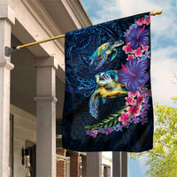 Hawaiian Plumeria and Hibiscus with Turtles Garden Flag Polynesian Art Dark Cyan Color - Polynesian Pride
