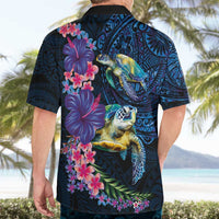 Hawaiian Plumeria and Hibiscus with Turtles Hawaiian Shirt Polynesian Art Dark Cyan Color - Polynesian Pride
