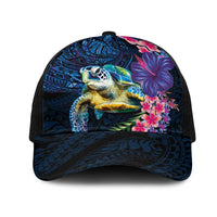 Hawaiian Plumeria and Hibiscus with Turtles Mesh Trucker Cap Polynesian Art Dark Cyan Color LT03 One Size Black Dark Cyan - Polynesian Pride