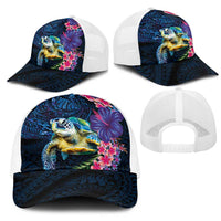 Hawaiian Plumeria and Hibiscus with Turtles Mesh Trucker Cap Polynesian Art Dark Cyan Color LT03 - Polynesian Pride