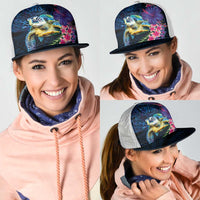Hawaiian Plumeria and Hibiscus with Turtles Mesh Trucker Cap Polynesian Art Dark Cyan Color LT03 - Polynesian Pride