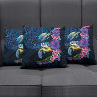Hawaiian Plumeria and Hibiscus with Turtles Pillow Cover Polynesian Art Dark Cyan Color - Polynesian Pride