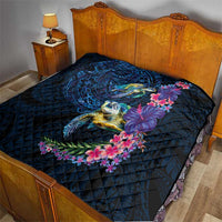 Hawaiian Plumeria and Hibiscus with Turtles Quilt Polynesian Art Dark Cyan Color - Polynesian Pride