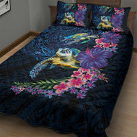 Hawaiian Plumeria and Hibiscus with Turtles Quilt Bed Set Polynesian Art Dark Cyan Color - Polynesian Pride