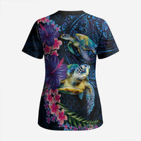 Hawaiian Plumeria and Hibiscus with Turtles Scrub Top Polynesian Art Dark Cyan Color - Polynesian Pride