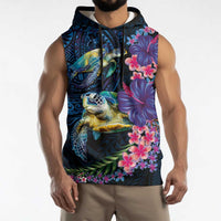 Hawaiian Plumeria and Hibiscus with Turtles Sleeveless Hoodie Polynesian Art Dark Cyan Color - Polynesian Pride