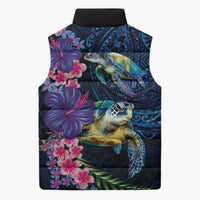Hawaiian Plumeria and Hibiscus with Turtles Sleeveless Puffer Jacket Polynesian Art Dark Cyan Color - Polynesian Pride