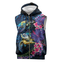 Hawaiian Plumeria and Hibiscus with Turtles Sleeveless Zip Hoodie Polynesian Art Dark Cyan Color - Polynesian Pride