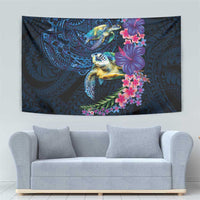 Hawaiian Plumeria and Hibiscus with Turtles Tapestry Polynesian Art Dark Cyan Color - Polynesian Pride