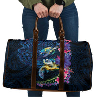 Hawaiian Plumeria and Hibiscus with Turtles Travel Bag Polynesian Art Dark Cyan Color - Polynesian Pride