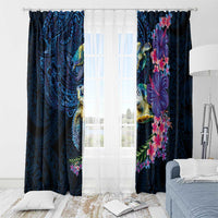Hawaiian Plumeria and Hibiscus with Turtles Window Curtain Polynesian Art Dark Cyan Color - Polynesian Pride