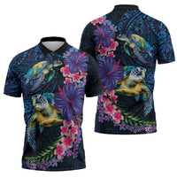 Hawaiian Plumeria and Hibiscus with Turtles Zipper Polo Shirt Polynesian Art Dark Cyan Color - Polynesian Pride