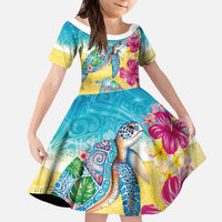 Hawaiian Tropical Plants Turtles Kid Short Sleeve Dress Watercolor Style LT03 KID Multicolor - Polynesian Pride