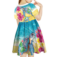 Hawaiian Tropical Plants Turtles Kid Short Sleeve Dress Watercolor Style LT03 - Polynesian Pride