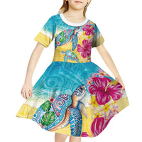 Hawaiian Tropical Plants Turtles Kid Short Sleeve Dress Watercolor Style LT03 - Polynesian Pride