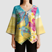 Hawaiian Tropical Plants Turtles Kimono Sleeve Blouse Watercolor Style - Polynesian Pride